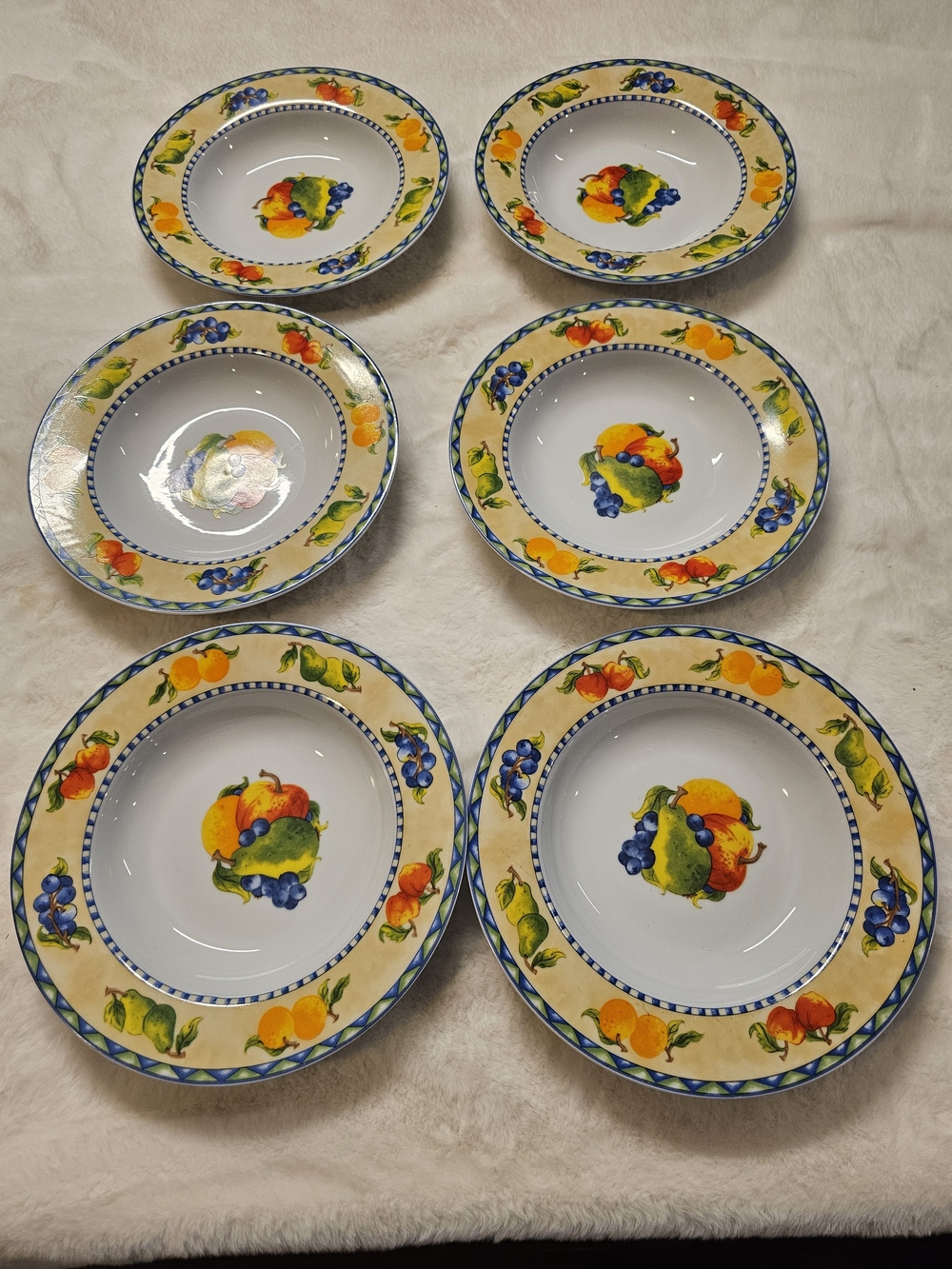 American Atelier Fruit Motif Ceramic Soup Bowls - White, Yellow, Blue - Set of 6